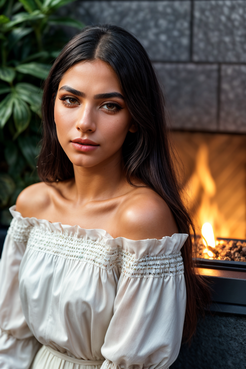 [number]-329712123-photo of (EPHud43lmuft1_0.99), closeup portrait, perfect hair, (modern photo, Floral print blouse with a smocked off-the-shoulde.png